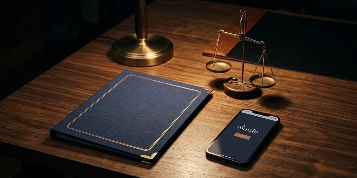 โต๊ะทำงานสีเข้มมีแฟ้มเอกสาร ตราชั่งทองแดงขนาดเล็ก และมือถือแสดงหน้าเว็บหวยออนไลน์สีน้ำเงินกรมท่า