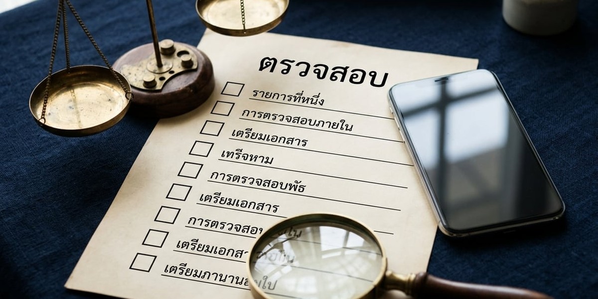 ตราชั่งทองแดงขนาดเล็กวางบนเอกสารตรวจสอบภาษาไทย ข้างมือถือและแว่นขยายบนโต๊ะสีน้ำเงินเข้ม
