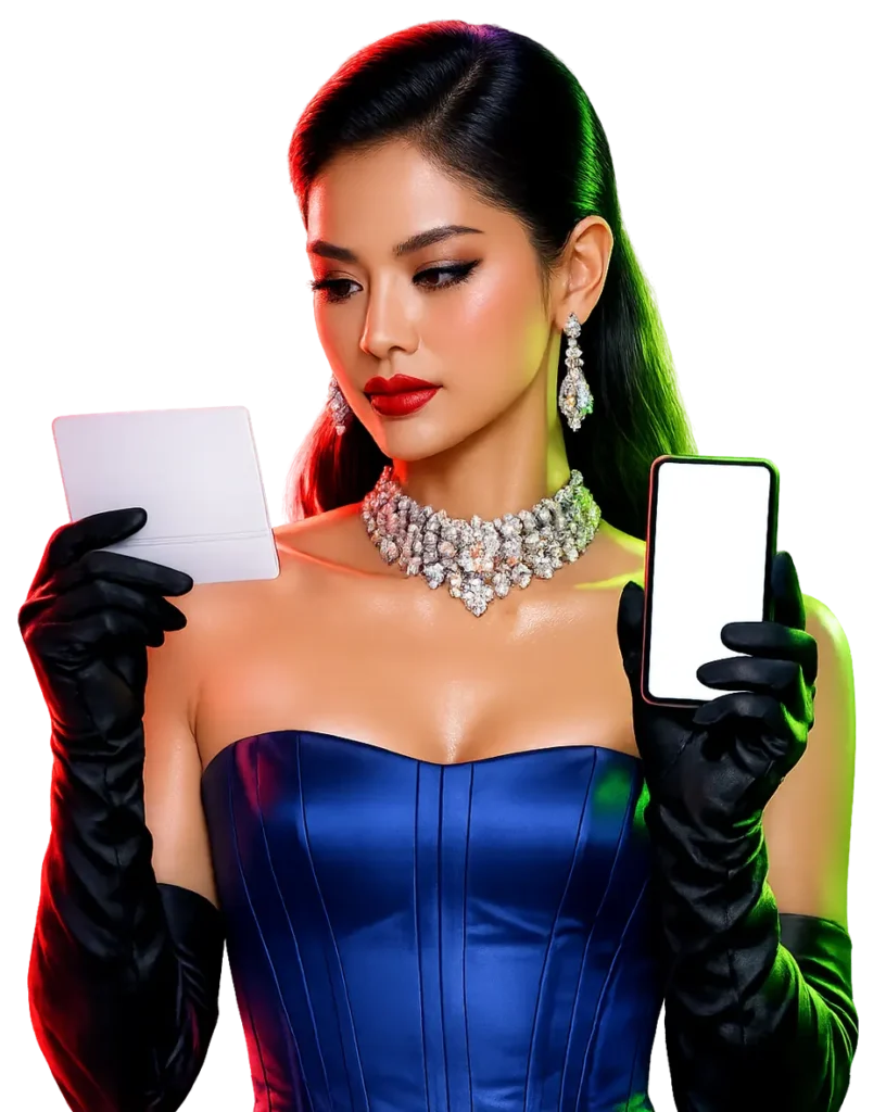 ผู้หญิงเปรียบเทียบสมุดบัญชีธนาคารกับแอปบนมือถือ